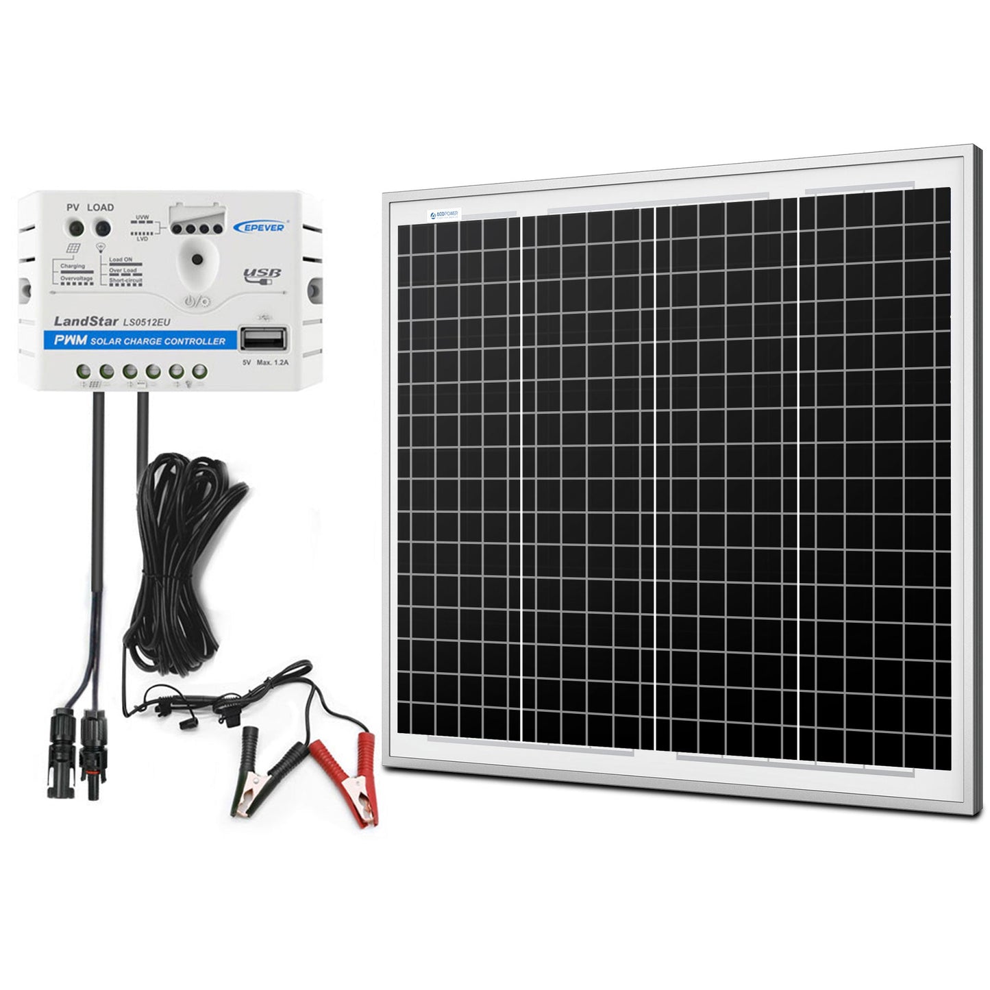 ACOPOWER 50W 12V Solar Charger Kit, 5A Charge Controller with Alligator Clips